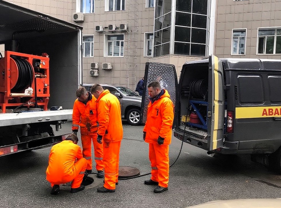 Бригада выполняет прочистку канализации